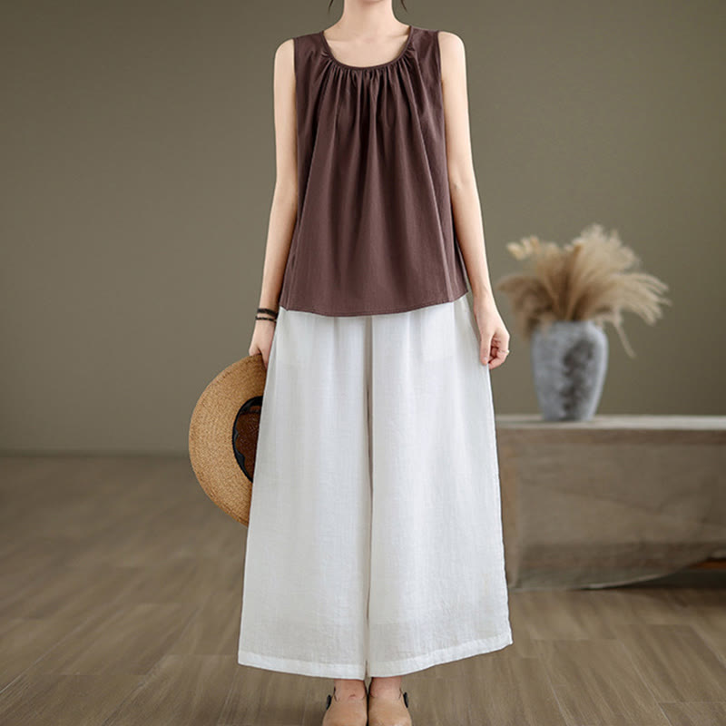 Nimara Ritual Summer Artistic Solid Color Pleated Crew Neck Design Women's Cotton Linen Vest