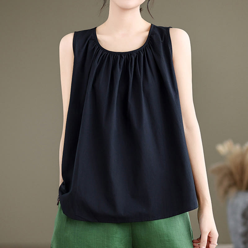 Nimara Ritual Summer Artistic Solid Color Pleated Crew Neck Design Women's Cotton Linen Vest