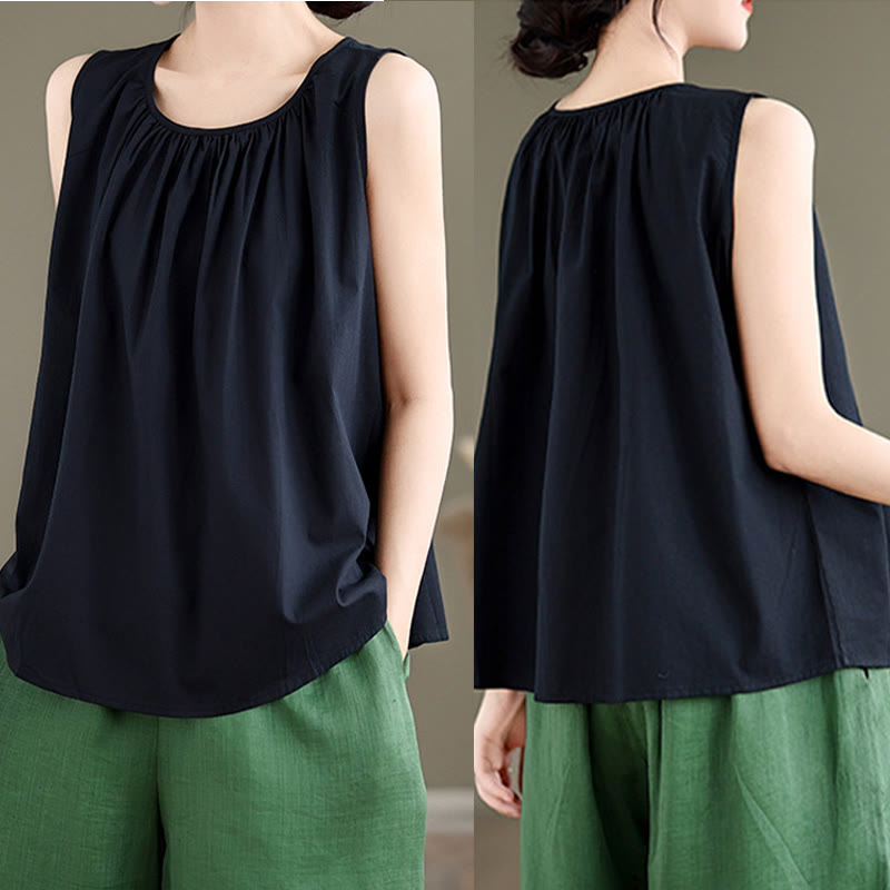 Nimara Ritual Summer Artistic Solid Color Pleated Crew Neck Design Women's Cotton Linen Vest