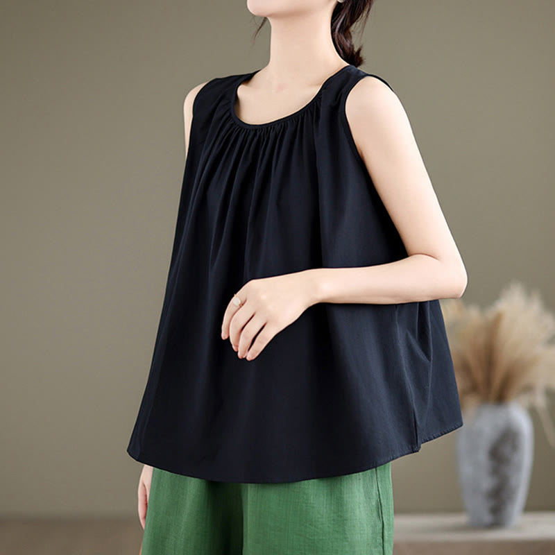 Nimara Ritual Summer Artistic Solid Color Pleated Crew Neck Design Women's Cotton Linen Vest