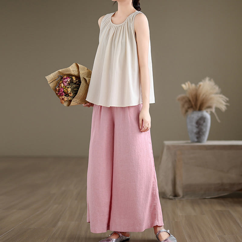 Nimara Ritual Summer Artistic Solid Color Pleated Crew Neck Design Women's Cotton Linen Vest