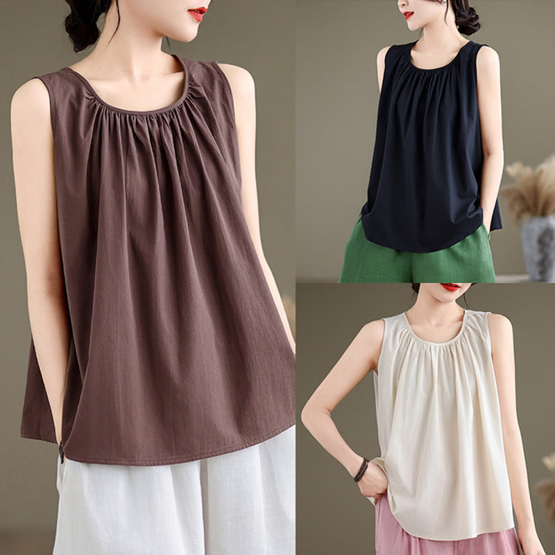 Nimara Ritual Summer Artistic Solid Color Pleated Crew Neck Design Women's Cotton Linen Vest