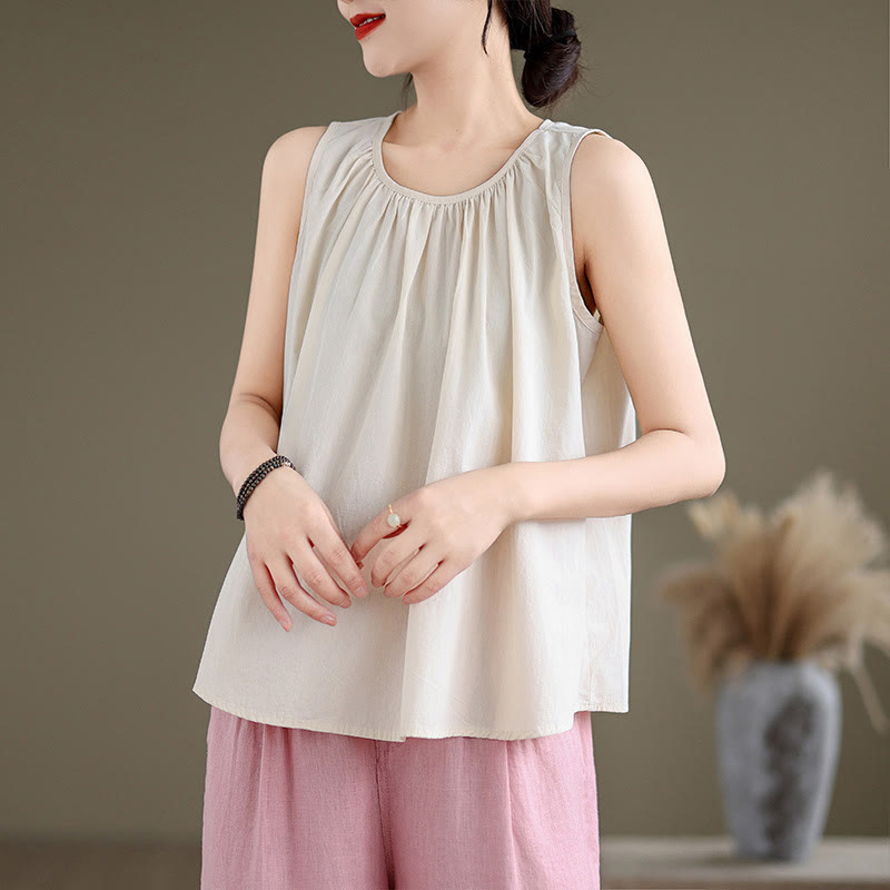 Nimara Ritual Summer Artistic Solid Color Pleated Crew Neck Design Women's Cotton Linen Vest