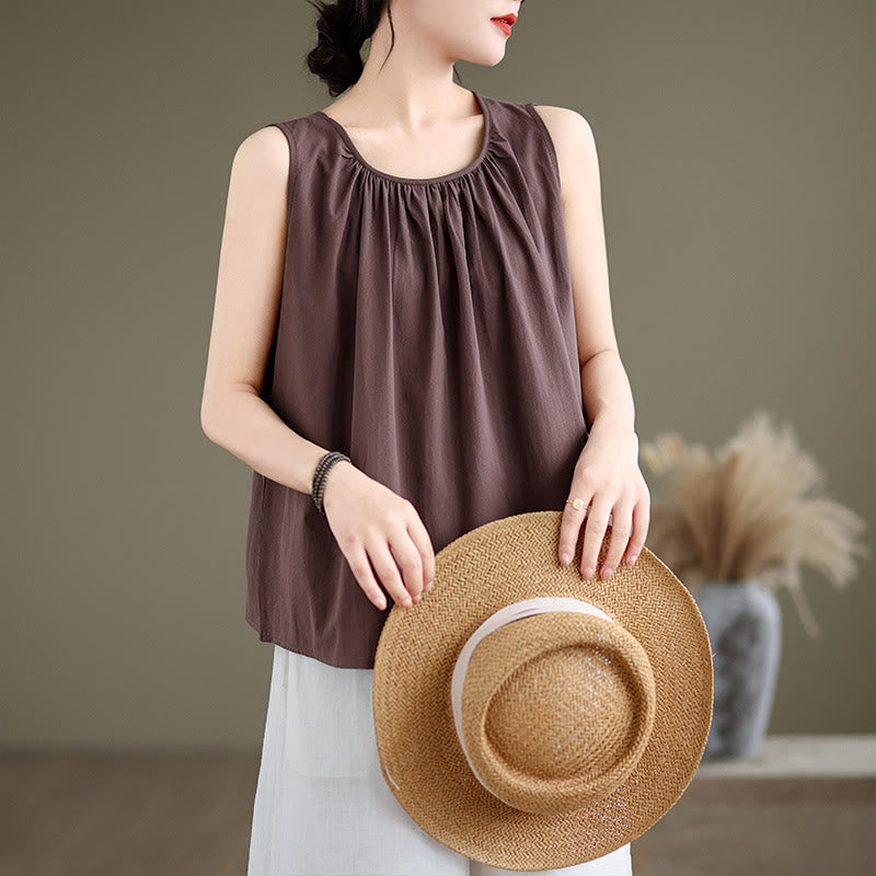 Nimara Ritual Summer Artistic Solid Color Pleated Crew Neck Design Women's Cotton Linen Vest