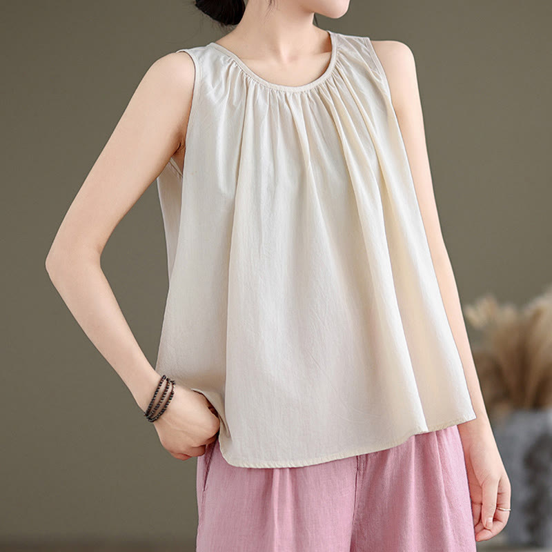 Nimara Ritual Summer Artistic Solid Color Pleated Crew Neck Design Women's Cotton Linen Vest