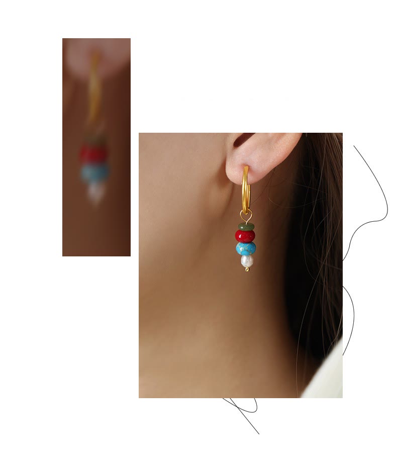 Nimara Ritual Tibetan Marnyi Stone Design Natural Red Agate Pearl Confidence Titanium Steel Earrings