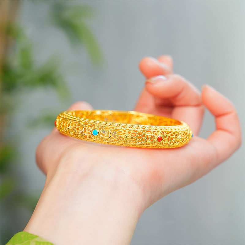 Nimara Ritual Copper Plated Gold Flowers Vine Pattern Luck Bracelet Bangle 2.44 IN (62 MM)