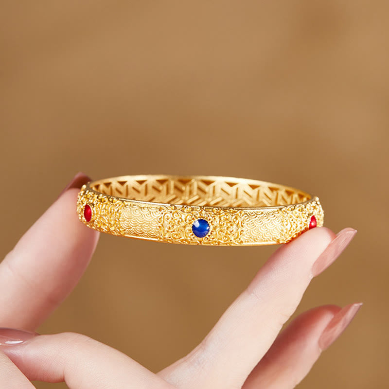 Nimara Ritual 925 Sterling Silver Golden Auspicious Clouds Hollow Design Protection Bracelet Bangle 2.20 IN (56 MM)