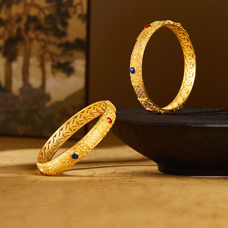 Nimara Ritual 925 Sterling Silver Golden Auspicious Clouds Hollow Design Protection Bracelet Bangle 2.20 IN (56 MM)