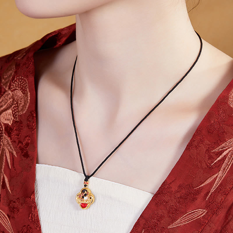 Nimara Ritual 925 Sterling Silver Plum Blossom Cat Four Leaf Clover Blessing Necklace Pendant