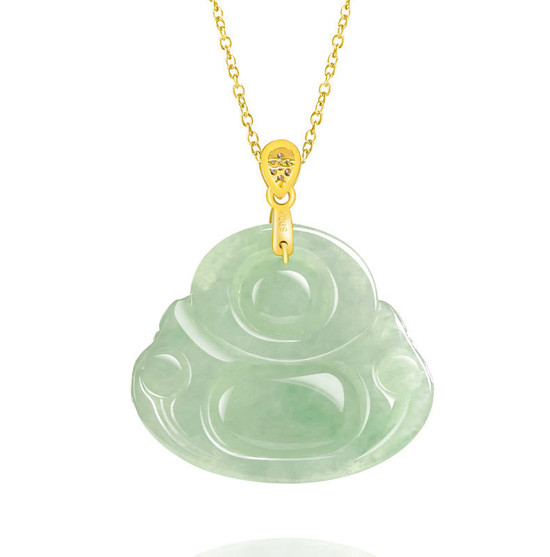 Nimara Ritual Natural Jade Laughing Buddha Luck Prosperity Titanium Steel Chain Necklace Pendant