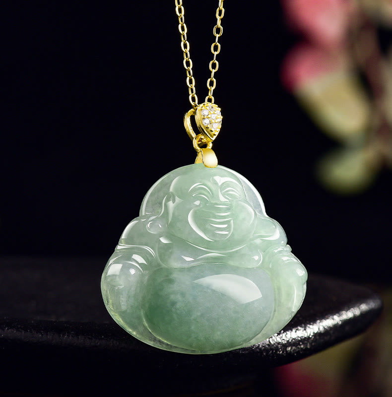 Nimara Ritual Natural Jade Laughing Buddha Luck Prosperity Titanium Steel Chain Necklace Pendant