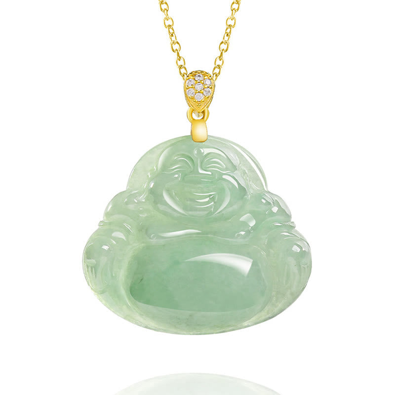 Nimara Ritual Natural Jade Laughing Buddha Luck Prosperity Titanium Steel Chain Necklace Pendant