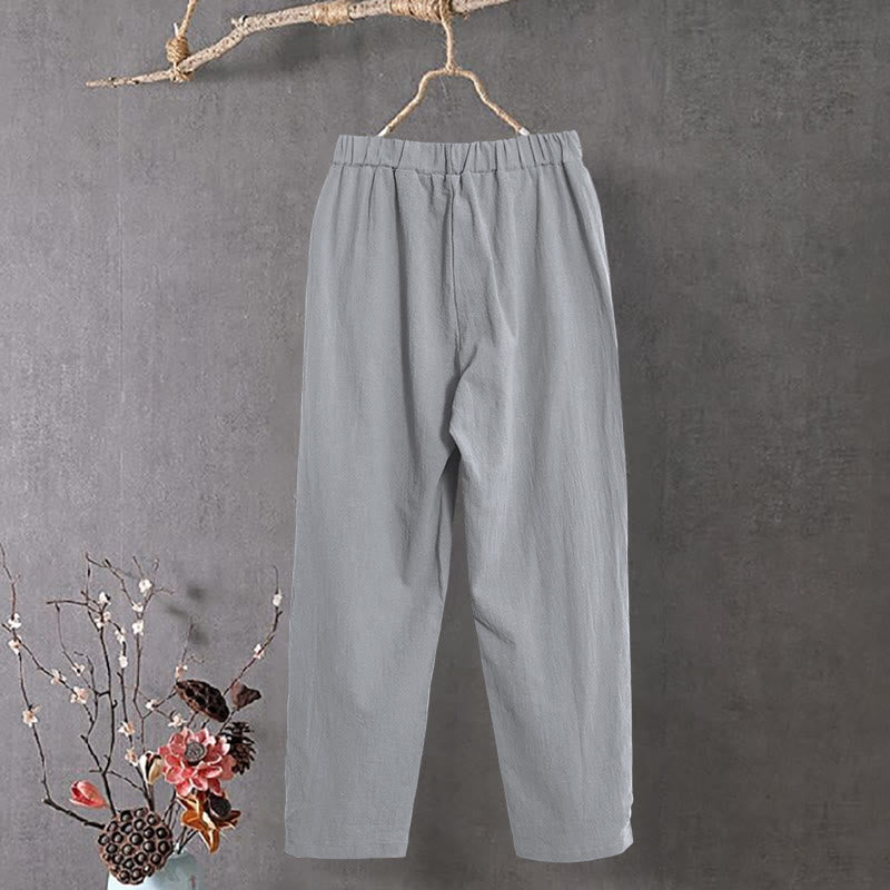 Nimara Ritual Casual Pure Color Hollow Button Cuff Design Women's Cotton Linen Pants With Pockets