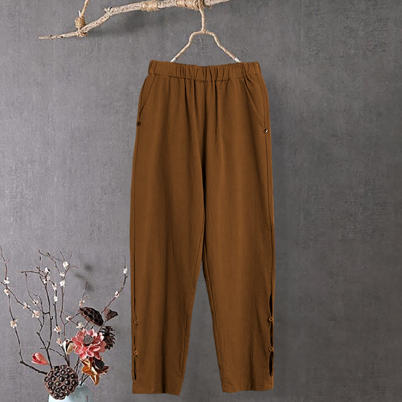 Nimara Ritual Casual Pure Color Hollow Button Cuff Design Women's Cotton Linen Pants With Pockets