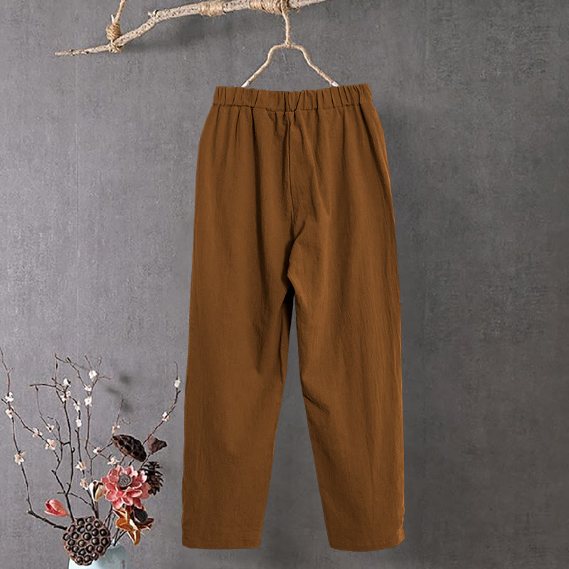 Nimara Ritual Casual Pure Color Hollow Button Cuff Design Women's Cotton Linen Pants With Pockets