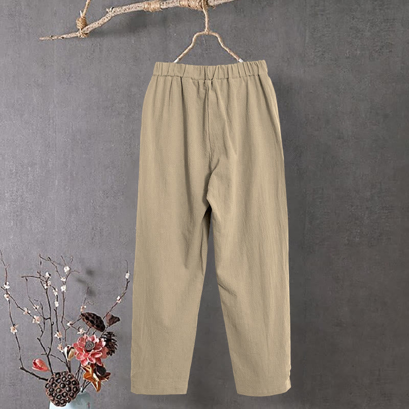Nimara Ritual Casual Pure Color Hollow Button Cuff Design Women's Cotton Linen Pants With Pockets