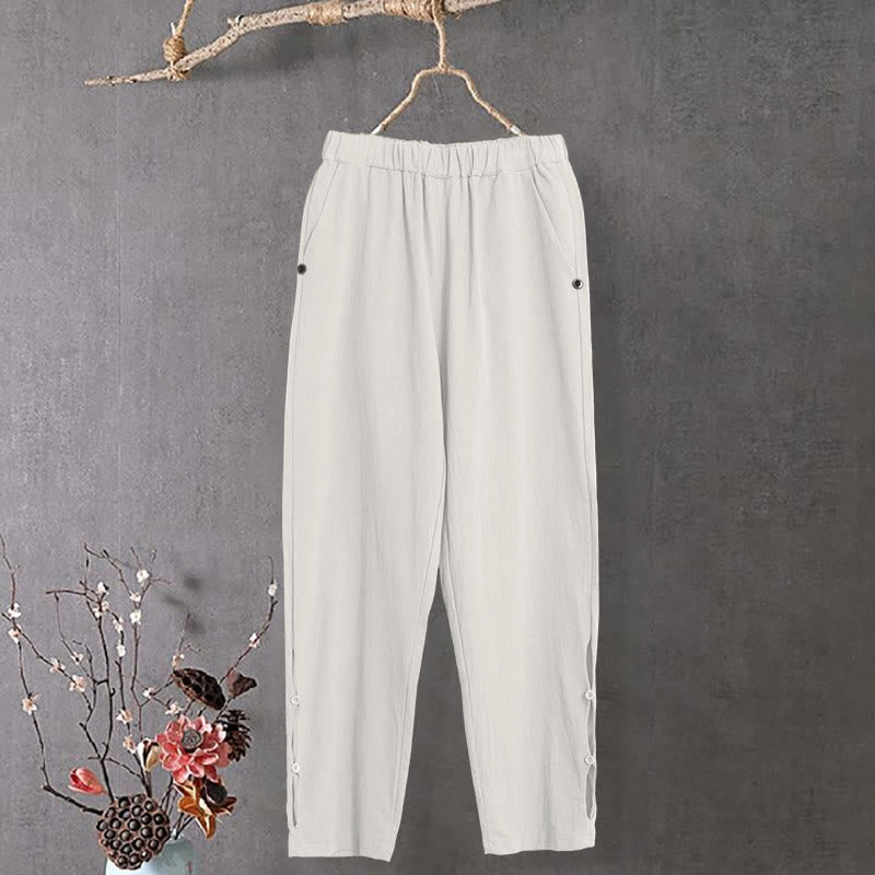 Nimara Ritual Casual Pure Color Hollow Button Cuff Design Women's Cotton Linen Pants With Pockets