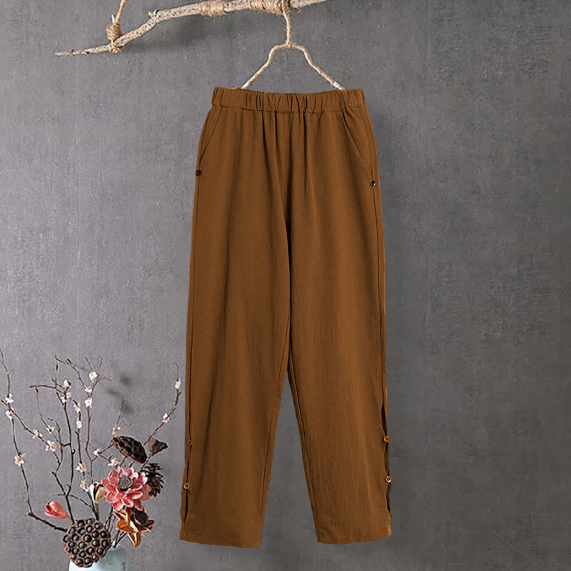 Nimara Ritual Casual Pure Color Hollow Button Cuff Design Women's Cotton Linen Pants With Pockets