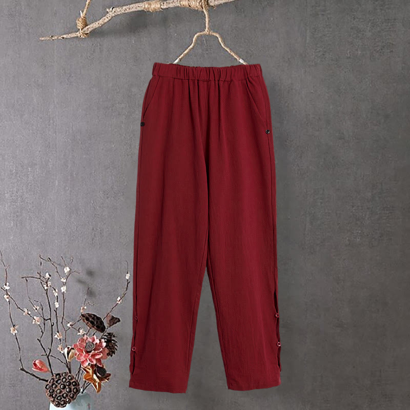 Nimara Ritual Casual Pure Color Hollow Button Cuff Design Women's Cotton Linen Pants With Pockets
