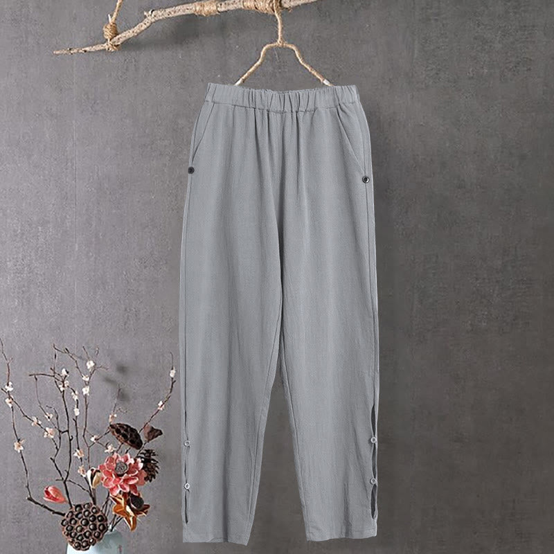 Nimara Ritual Casual Pure Color Hollow Button Cuff Design Women's Cotton Linen Pants With Pockets