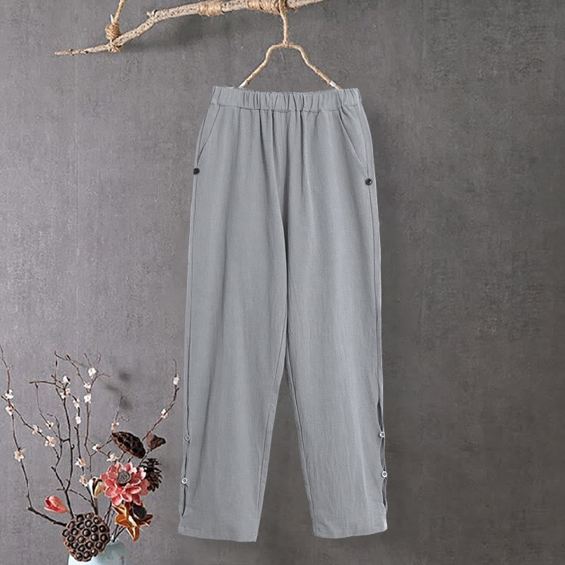 Nimara Ritual Casual Pure Color Hollow Button Cuff Design Women's Cotton Linen Pants With Pockets