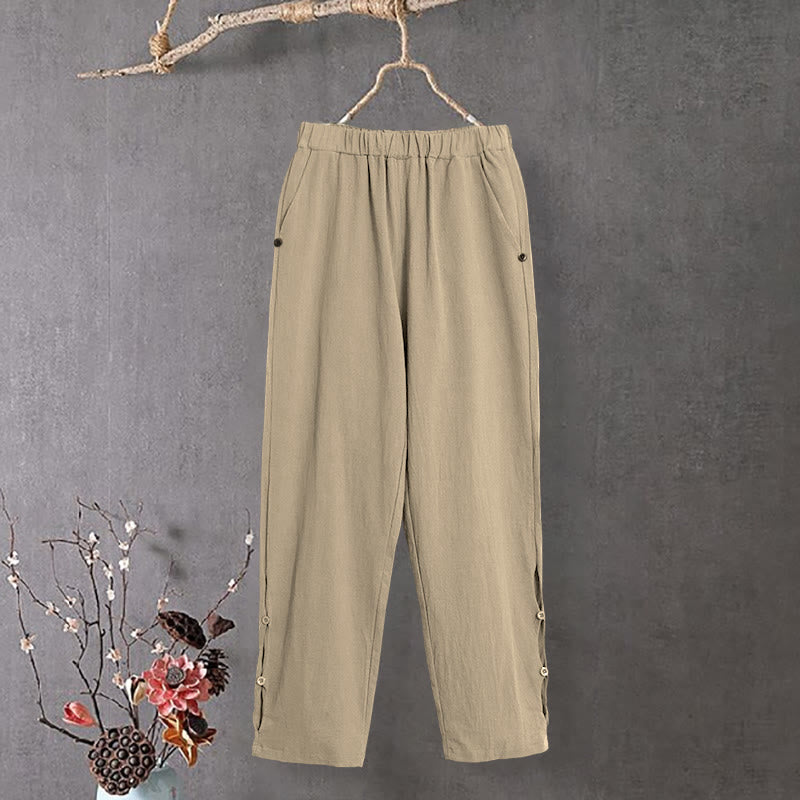 Nimara Ritual Casual Pure Color Hollow Button Cuff Design Women's Cotton Linen Pants With Pockets