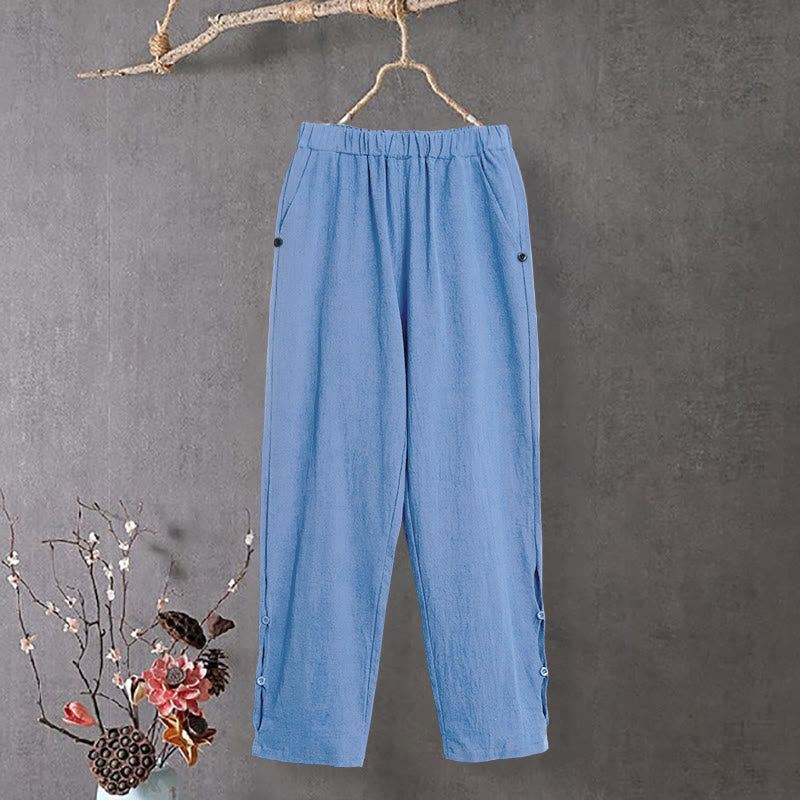 Nimara Ritual Casual Pure Color Hollow Button Cuff Design Women's Cotton Linen Pants With Pockets