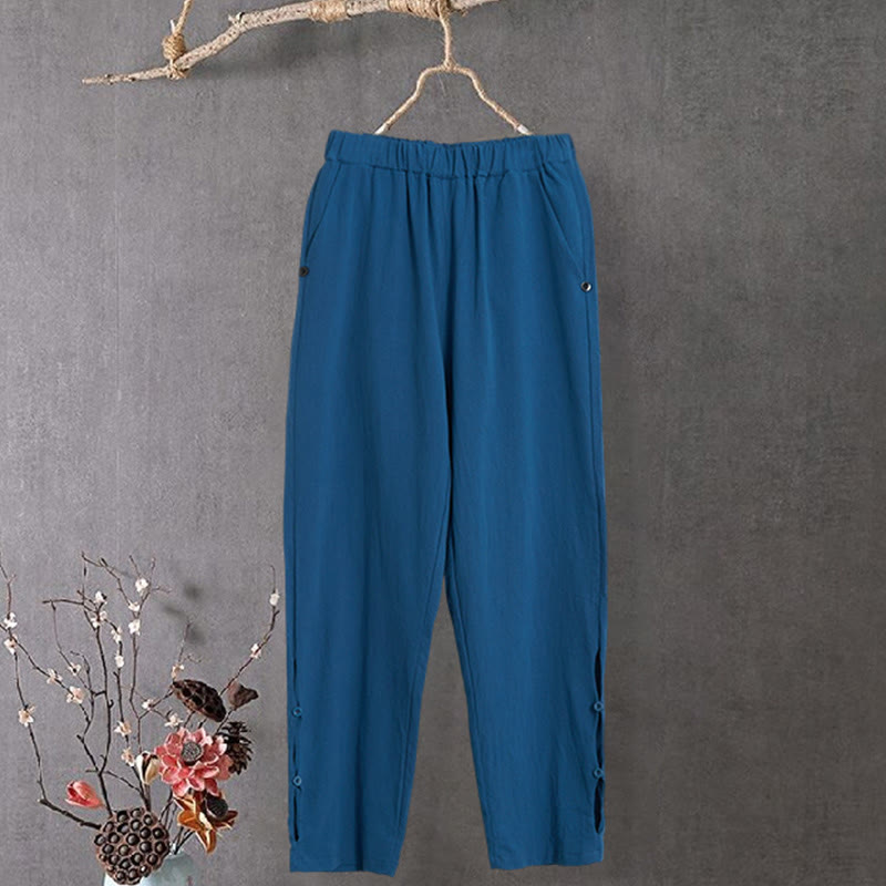 Nimara Ritual Casual Pure Color Hollow Button Cuff Design Women's Cotton Linen Pants With Pockets