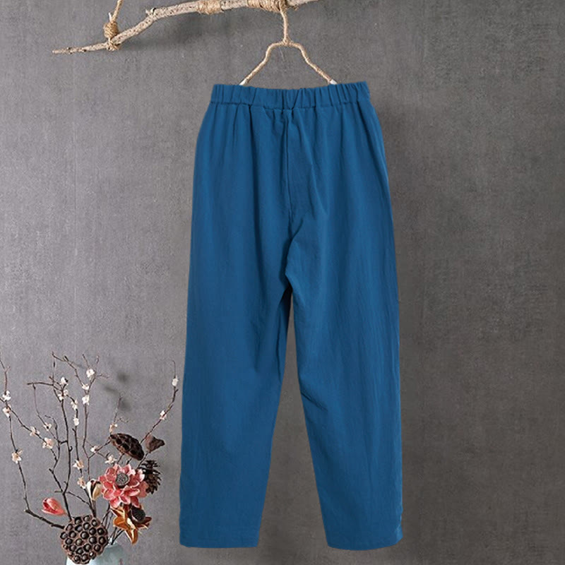 Nimara Ritual Casual Pure Color Hollow Button Cuff Design Women's Cotton Linen Pants With Pockets