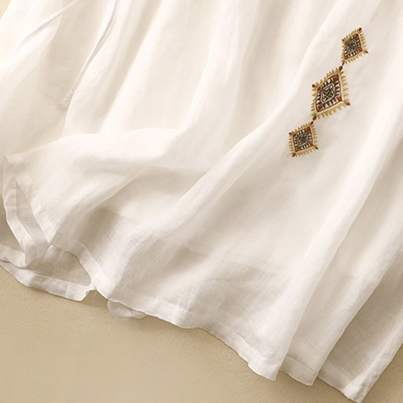Nimara Ritual Ethnic Vintage Embroidery Button Design Women's Cotton Linen 7-8 Length Skirt