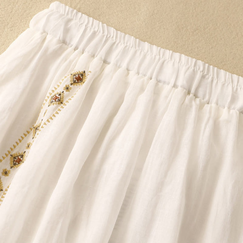 Nimara Ritual Ethnic Vintage Embroidery Button Design Women's Cotton Linen 7-8 Length Skirt