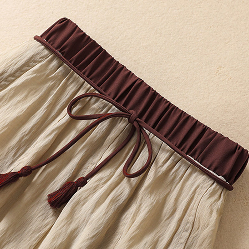 Nimara Ritual Casual Contrasting Color Pleated Lace-Up Design Women's 7-8 Length Skirt