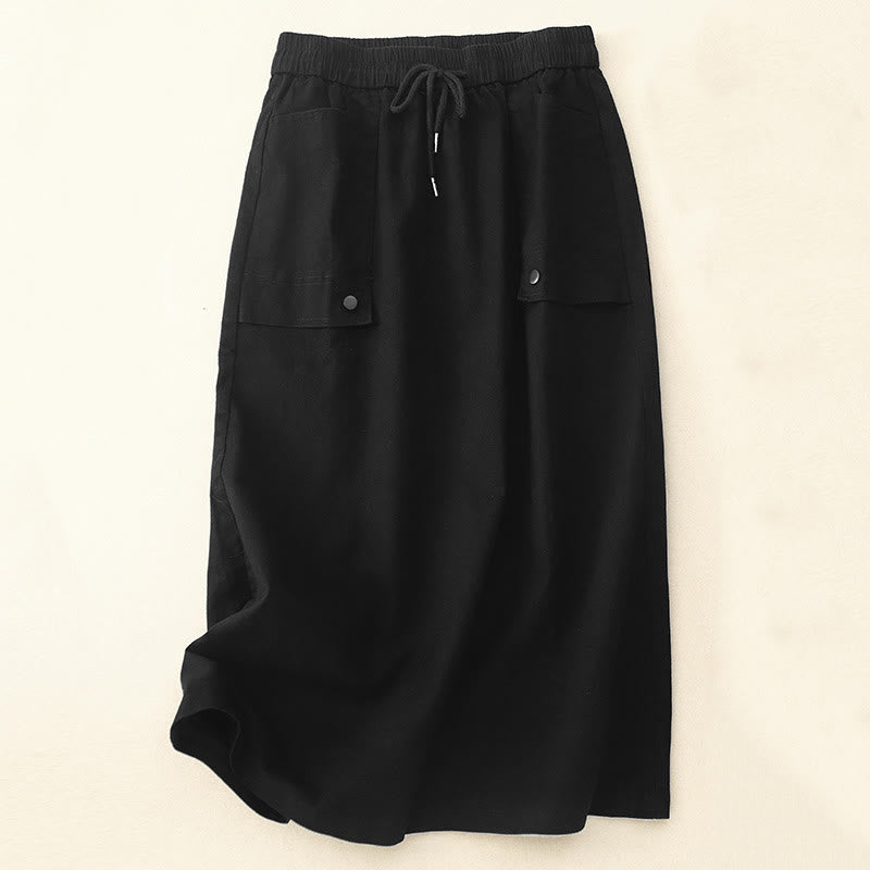 Nimara Ritual Vintage Plain Drawstring Button Design Slide Slite Women's Cotton Linen 7-8 Length Skirt With Pockets