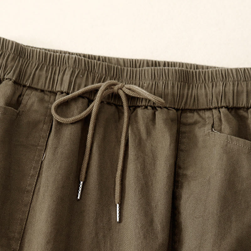Nimara Ritual Vintage Plain Drawstring Button Design Slide Slite Women's Cotton Linen 7-8 Length Skirt With Pockets