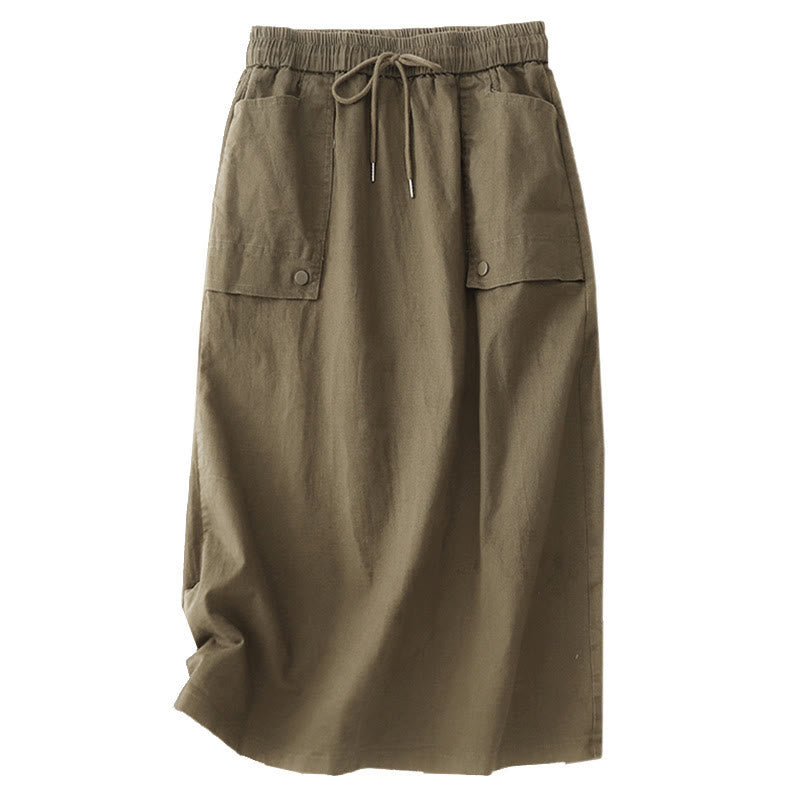 Nimara Ritual Vintage Plain Drawstring Button Design Slide Slite Women's Cotton Linen 7-8 Length Skirt With Pockets
