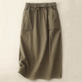 Nimara Ritual Vintage Plain Drawstring Button Design Slide Slite Women's Cotton Linen 7-8 Length Skirt With Pockets
