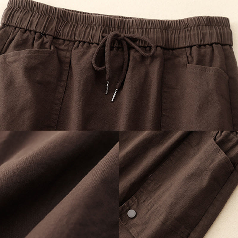 Nimara Ritual Vintage Plain Drawstring Button Design Slide Slite Women's Cotton Linen 7-8 Length Skirt With Pockets