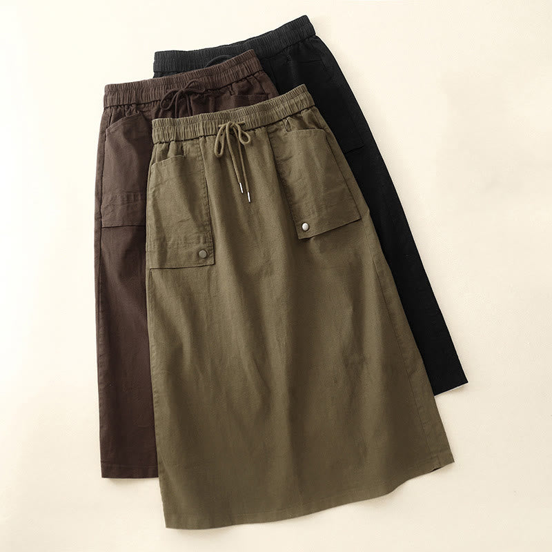 Nimara Ritual Vintage Plain Drawstring Button Design Slide Slite Women's Cotton Linen 7-8 Length Skirt With Pockets