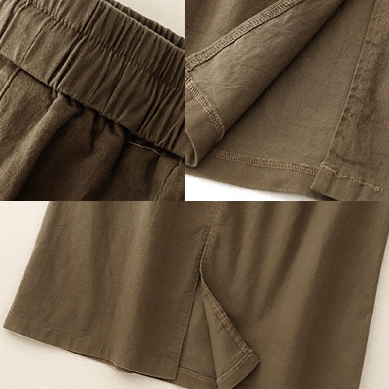 Nimara Ritual Vintage Plain Drawstring Button Design Slide Slite Women's Cotton Linen 7-8 Length Skirt With Pockets