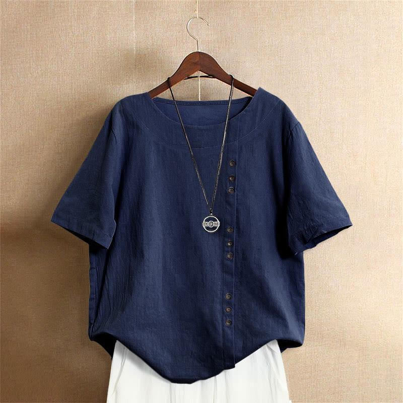 Nimara Ritual Casual Summer Pure Color Jacquard Button Crew Neck Women's Short Sleeve T-Shirt