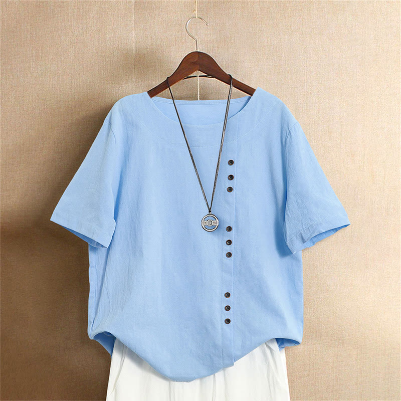 Nimara Ritual Casual Summer Pure Color Jacquard Button Crew Neck Women's Short Sleeve T-Shirt