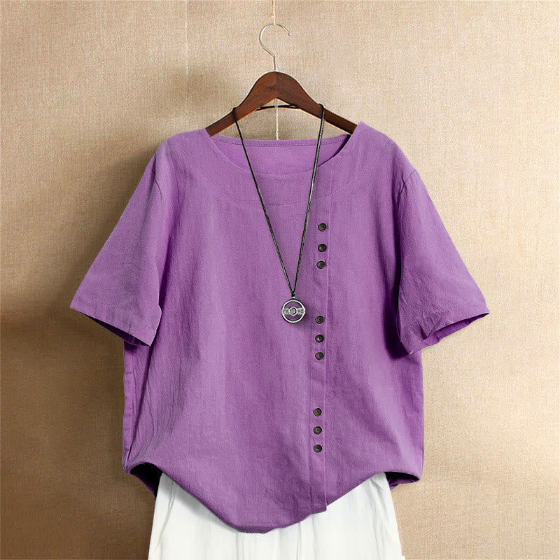 Nimara Ritual Casual Summer Pure Color Jacquard Button Crew Neck Women's Short Sleeve T-Shirt