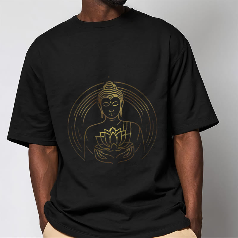 Nimara Ritual Golden Buddha Holding A Lotus Flower Tee T-shirt