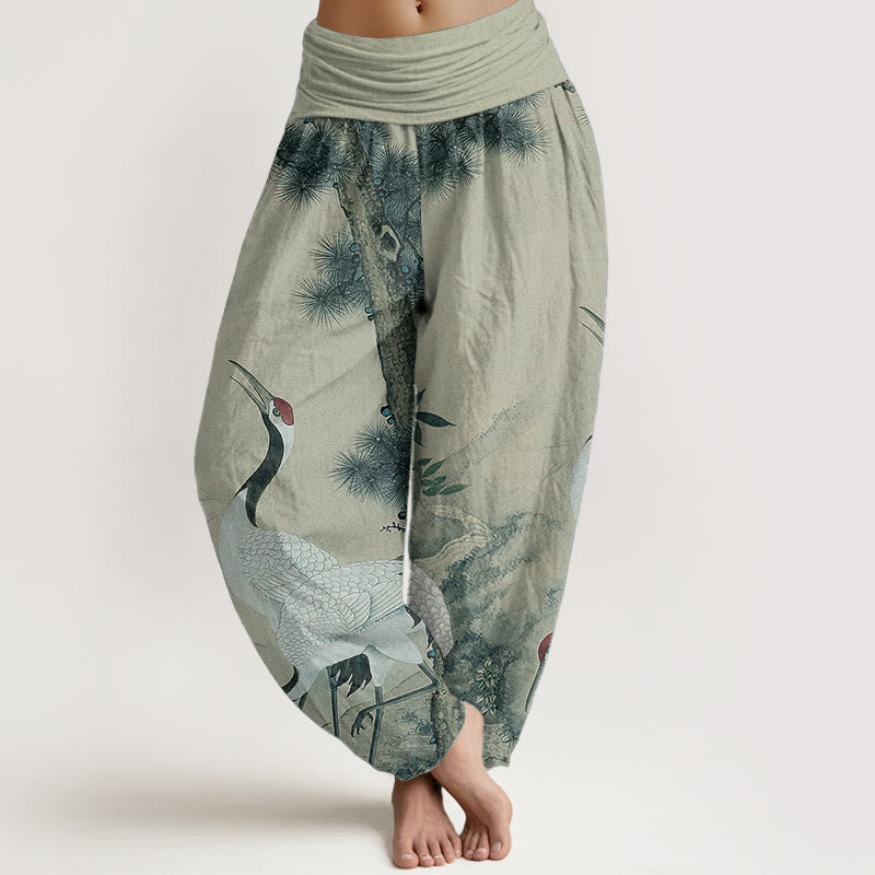 Nimara Ritual Pure Cotton Casual Red-crowned Crane Pine Tree Mountain Women's Elastic Waist Harem Pants