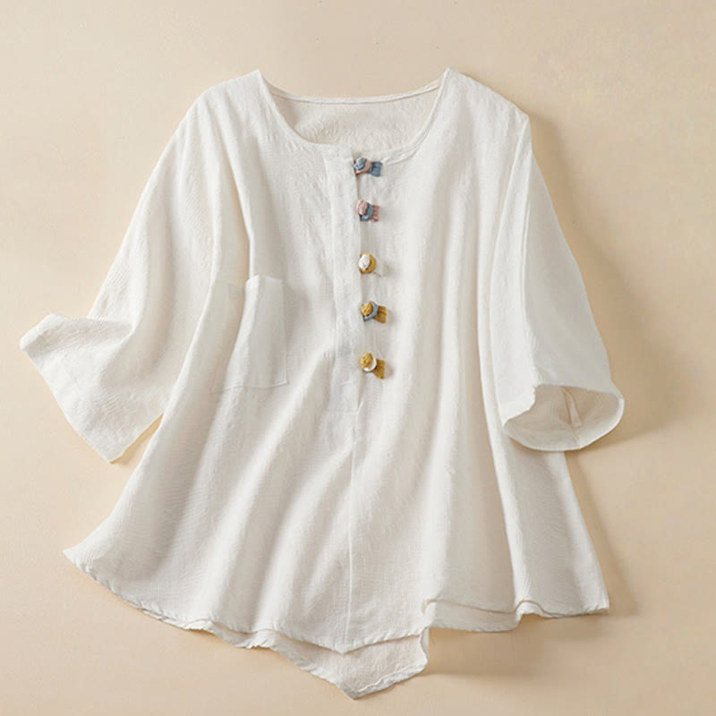 Nimara Ritual Casual Flower Colorful Frog Button Half Sleeve Women's Shirt