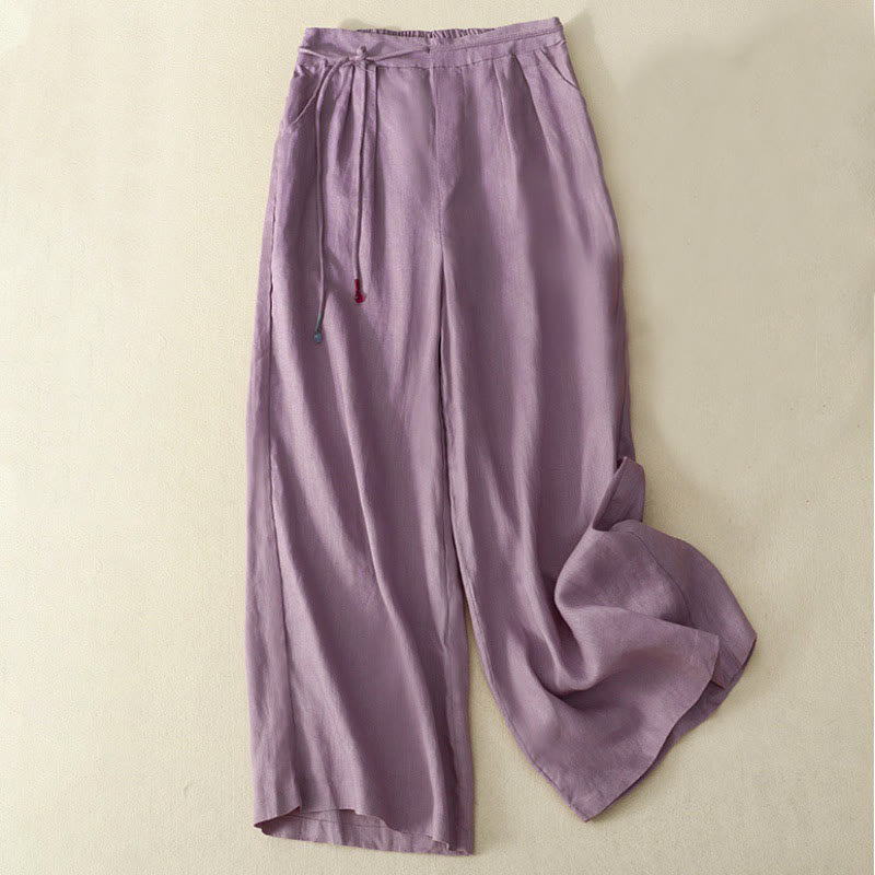 Nimara Ritual Spring Casual Solid Color Drawstring Design Women's Cotton Linen 7-8 Length Wide Leg Pants With Pockets