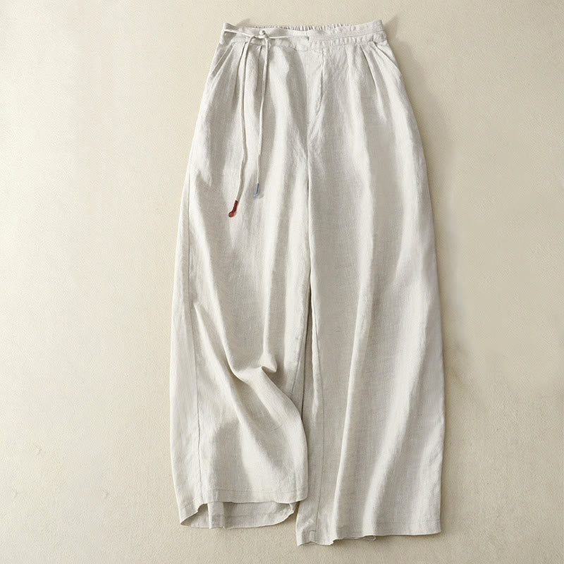 Nimara Ritual Spring Casual Solid Color Drawstring Design Women's Cotton Linen 7-8 Length Wide Leg Pants With Pockets
