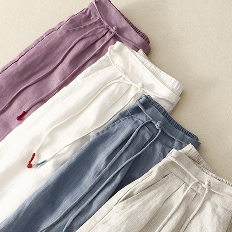 Nimara Ritual Spring Casual Solid Color Drawstring Design Women's Cotton Linen 7-8 Length Wide Leg Pants With Pockets