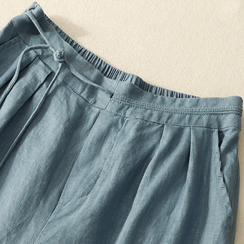 Nimara Ritual Spring Casual Solid Color Drawstring Design Women's Cotton Linen 7-8 Length Wide Leg Pants With Pockets